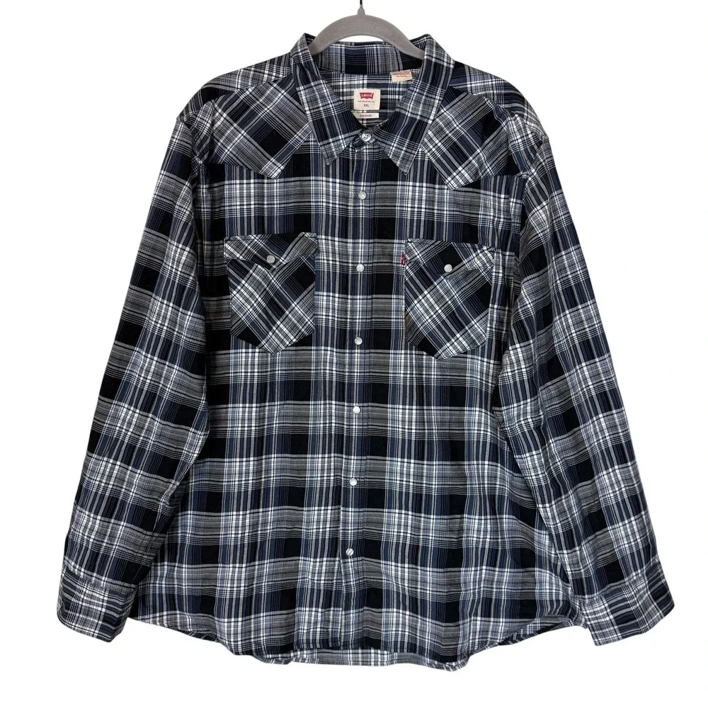 Levi's Shirt Mens 2XL Blue Plaid Long Sleeve Western Pearl Snap Front Casual Top